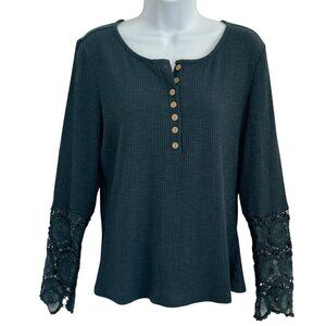 Womens Henley Ribbed Knit Lace Cuff Henley Top M Green Elena Bella Swan Boho Y2K